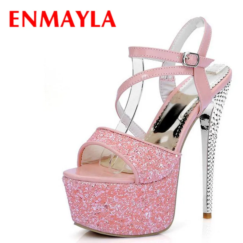 

ENMAYLA Summer Sexy Extreme High Heels 16cm Sandals Women Open Toe Glitter Ladies Gladiator Sandals Stiletto Platform Party Pump