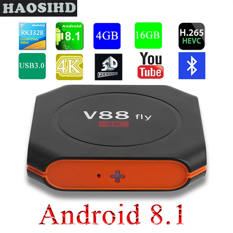 

HAOSIHD V88 fly Smart TV Box Android 8.1 RK3328 Quad core 4G RAM 16G ROM 4K HDR H265 USB3.0 WIFI Bluetooth 4.0 Set Top Box