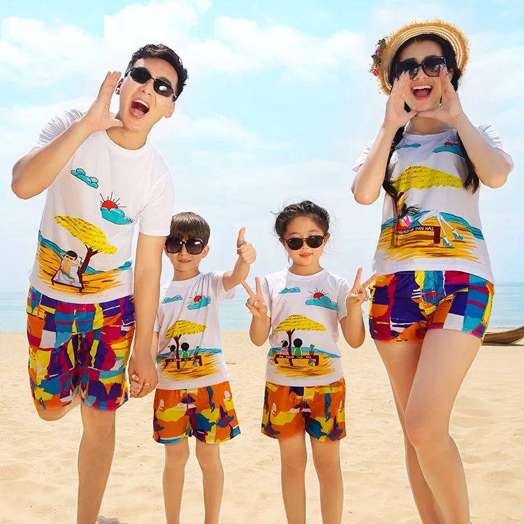 Пляжные одинаковые комплекты для семьи Одежда для мамы, дочки, папы и сына хлопковая футболка+ быстросохнущие шорты, комплекты одежды MH
