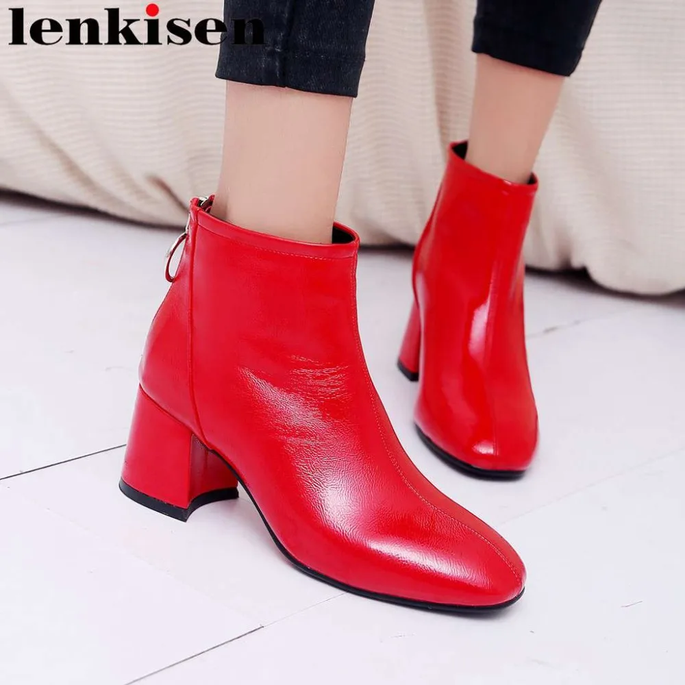 

Lenkisen large size pu handmade thick high heels metal decoration square toe british style vintage modern girls ankle boots L18