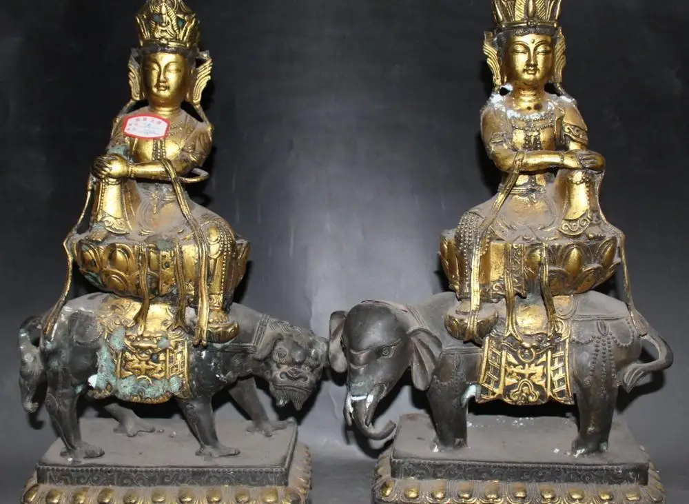 

Old Bronze Wenshu Manjushri Puxian Kwan-yin On Lion Elephant Dragon Vase Statue