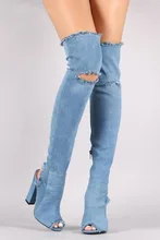 Spring Autumn Party Dress Shoes Women Vintage Denim Peep Toe High Heel Over the Knee Botas Mujer Cut-outs Thigh High Boots