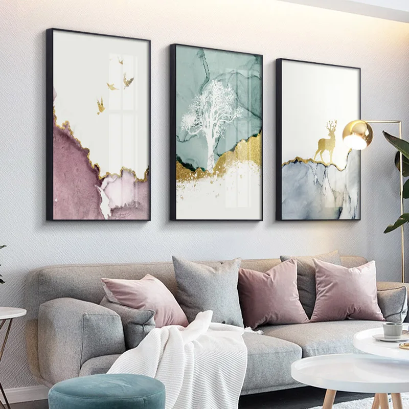 Abstract Painting Deer Forest Canvas Geometric Mountain Wall Paintings Animal Wall Art Canvas Pictures For Living Room Unframed