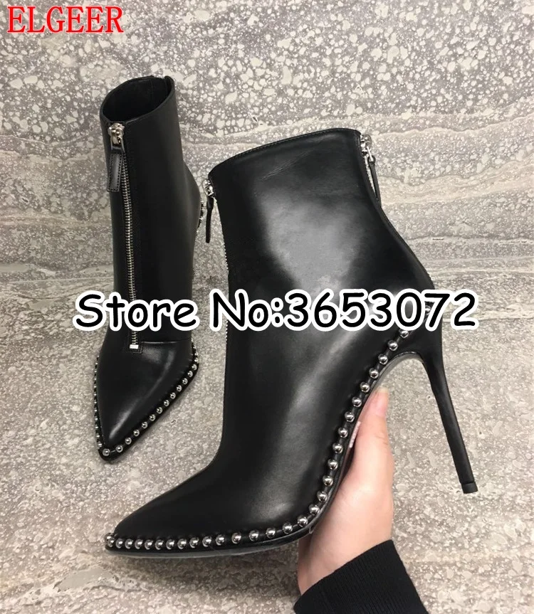 Pointy Toe Stiletto Studs Embellished Women Ankle Boots Black Leather Zipper Gladiator Motorycle botas mujer High Heels | Обувь