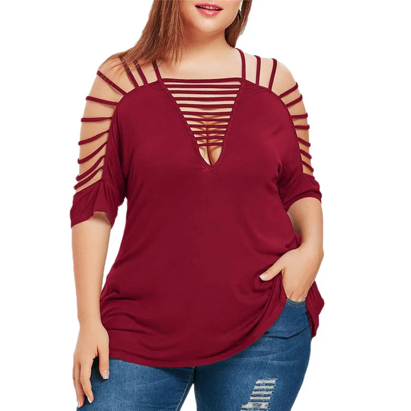 

KWAN_Vogue design Plus Size Hollow Out V-Neck Cut Out Strappy Slim fit large size cut openwork half-sleeve top Womens T-Shirt #2