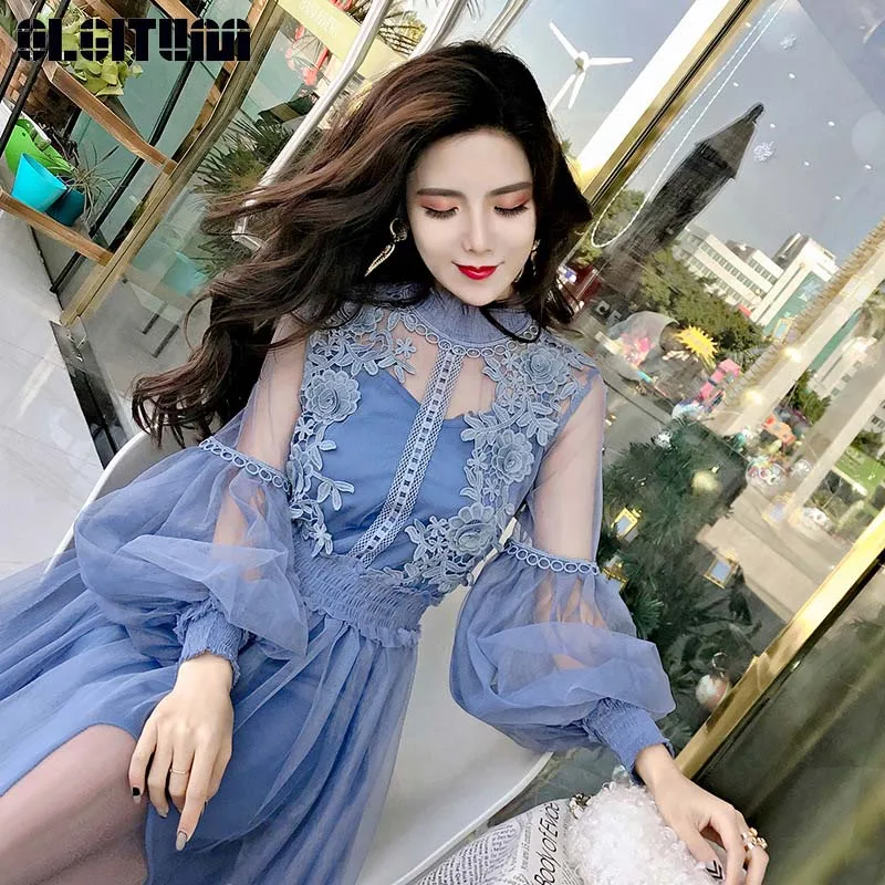 

New 2019 Spring Summer Women Dress Korean Version of the Lantern Long-Sleeved Waist Mesh Gauze Stand Flower Dress DR822