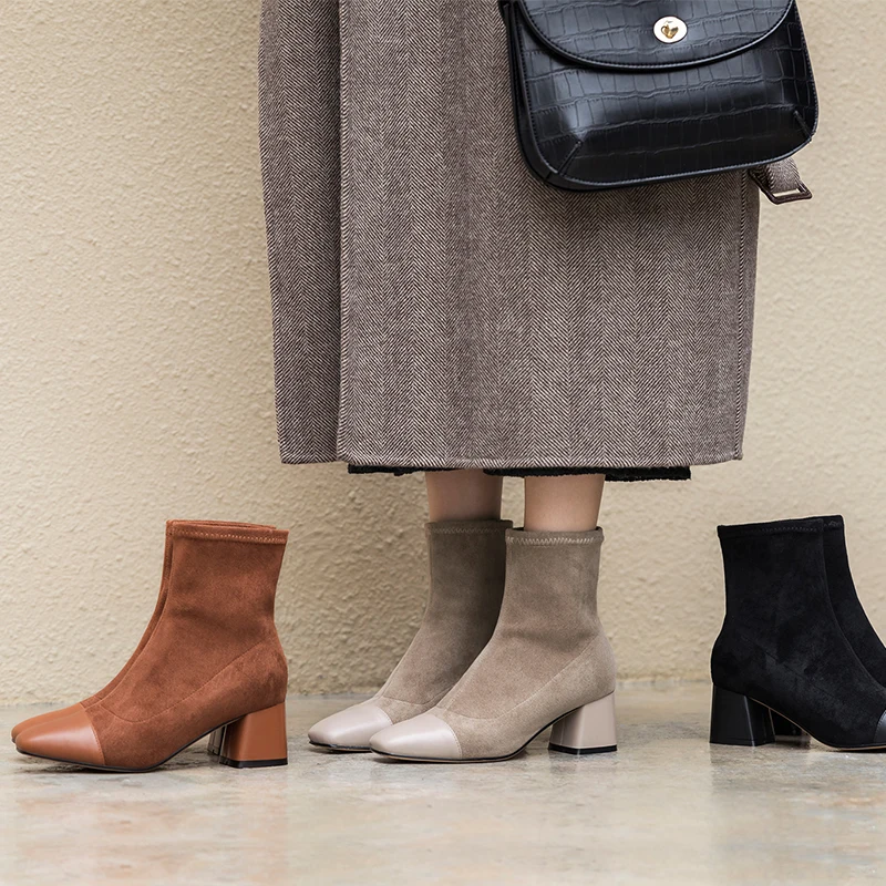 

KARINLUNA 2018 dropship big size30 leather brand design women Boots Shoes autumn slip on elastic chunky heels woman shoes boots