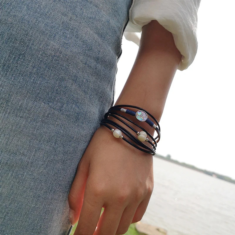 

Rinhoo 1PC Shell Pendant Pearl Beads Black Weaving Leather Chain Multi-layer Bracelet For Women's Fashion Jewelry Gift