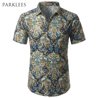 Шелковая мужская рубашка с цветочным принтом,, роскошный фирменный дизайн, мужские рубашки, повседневные, приталенные, с золотым принтом, Пейсли, Chemise Homme - Цвет: Blue