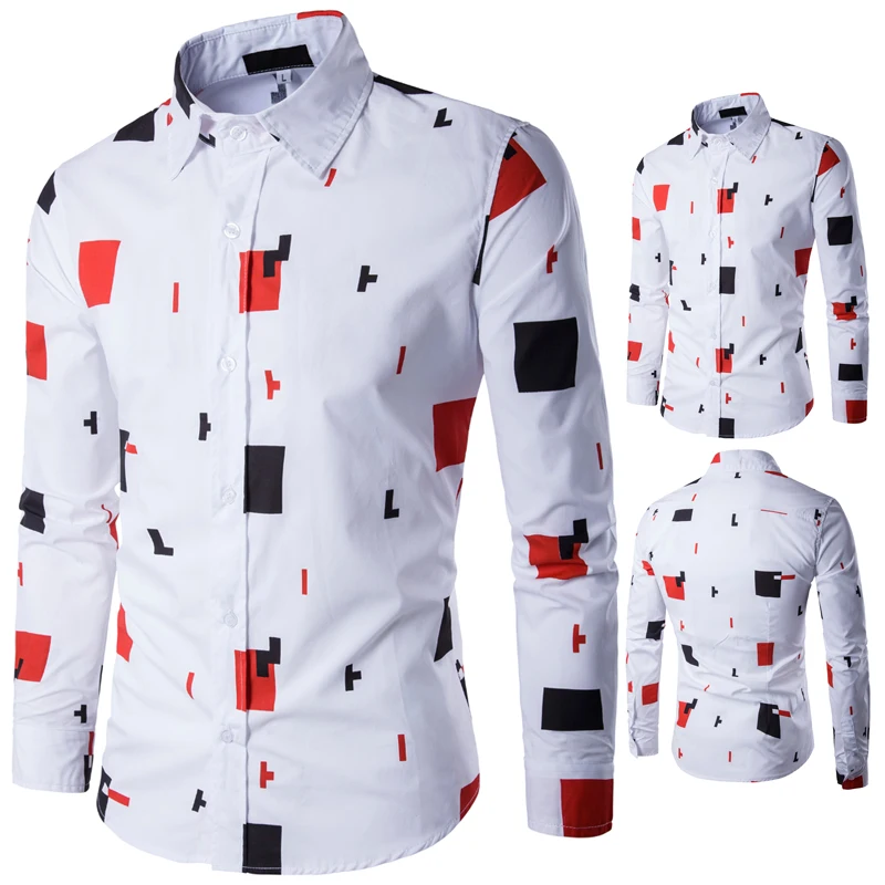 Новая Осенняя Модная брендовая мужская одежда, приталенная Мужская рубашка с геометрическим рисунком и длинными рукавами, мужская повседневная мужская рубашка, большие размеры M-3XL