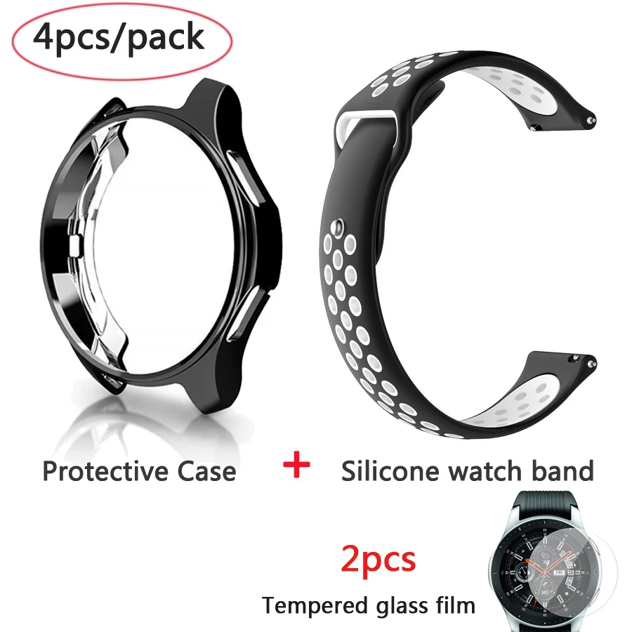 4в1 силиконовый ремешок для часов+ защитный чехол+ Закаленное стекло пленка для samsung galaxy Watch 42 46 мм ремешок для часов защитный чехол стеклянная пленка - Цвет: black white-black