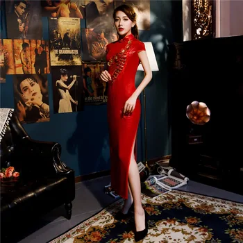 

Shanghai Story Faux Silk Long Cheongsam flower embroidery qipao Folk Style Dress For Women Red national trend dress