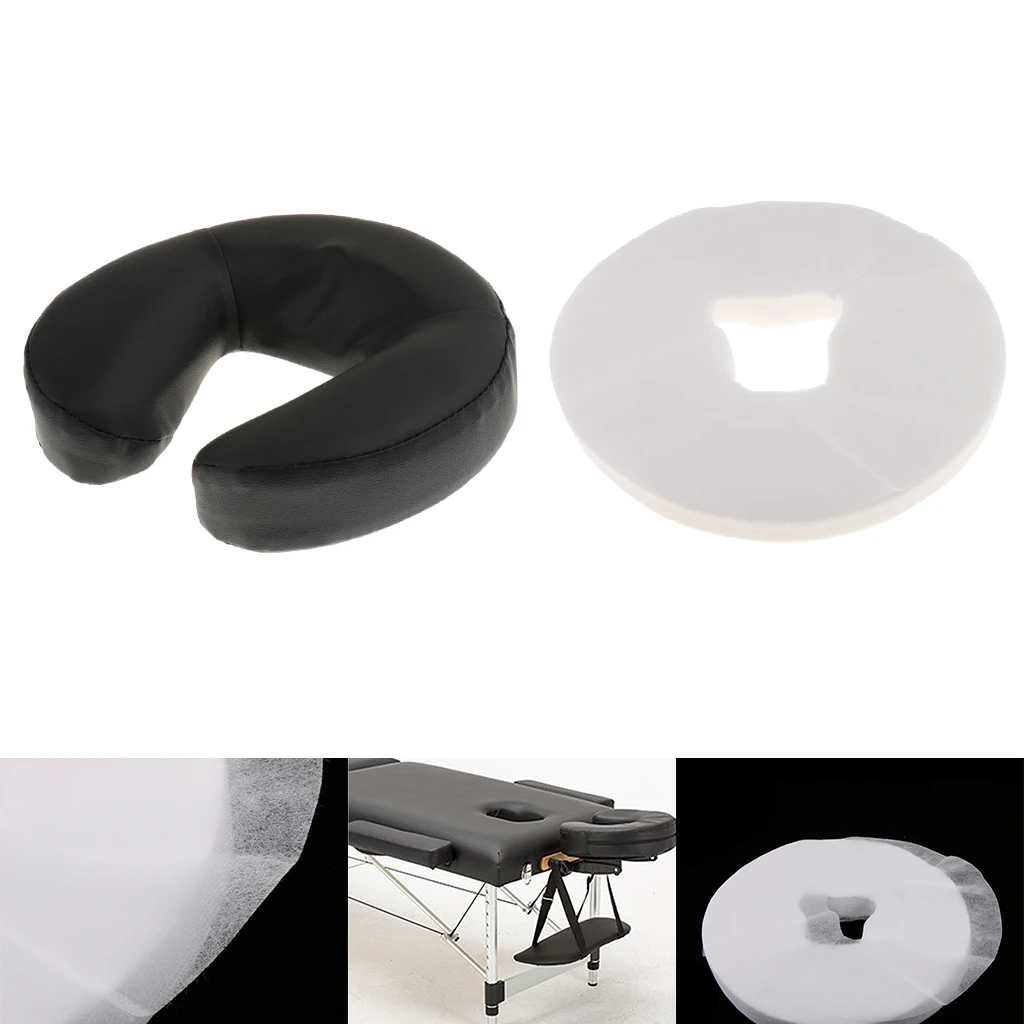 Black Washable Cover Face Cradle Cushion with 100pcs White Disposable Pads For Salon SPA Massage Table Bed
