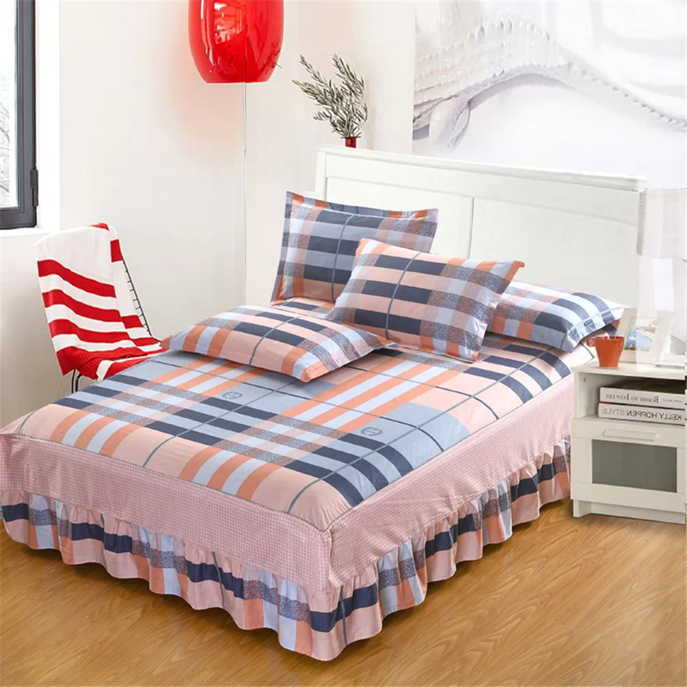 

New Modern simple style 3pc pink stripe plaid bedspread 100% cotton pink Flounce bed skirt pillowcase bedding bed sets full size