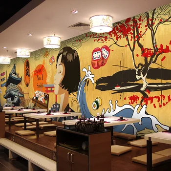 

Custom Size Photo Japanese cartoon character wallpaper Japanese Style Restaurant retro building hot pot barbecue wallpaper mural