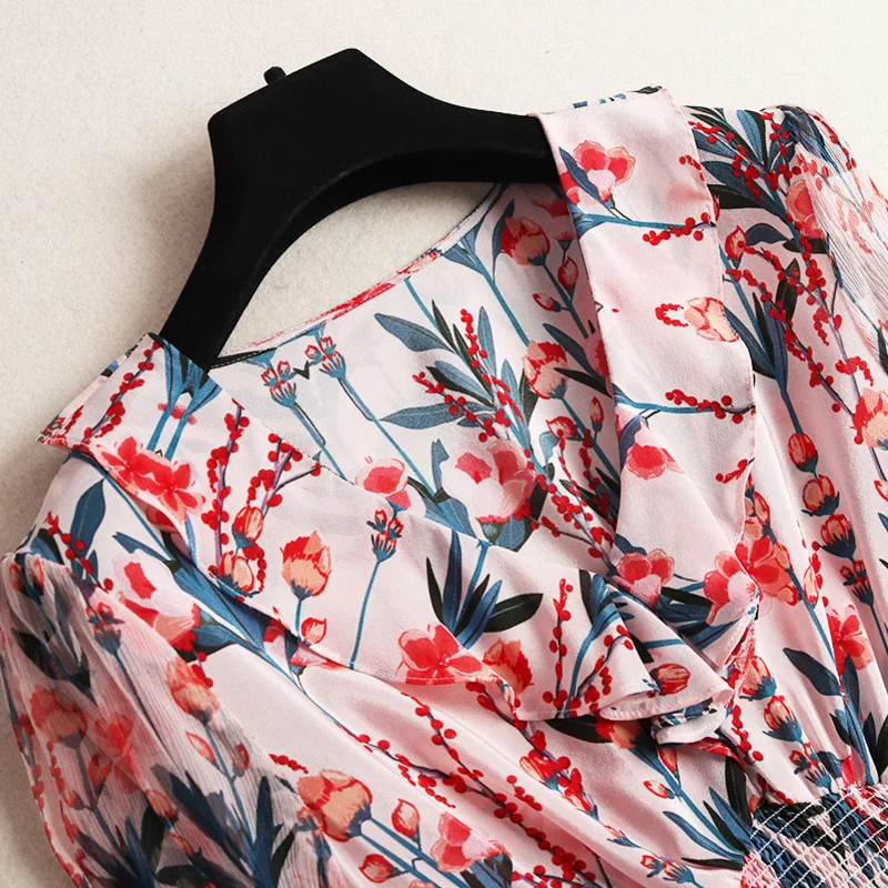 Shuchan 100% Natural Silk Summer Dress Indie Folk Print Ruffles Three Quarter Sleeve New Arrival Dress 2019 V-neck clothing10515