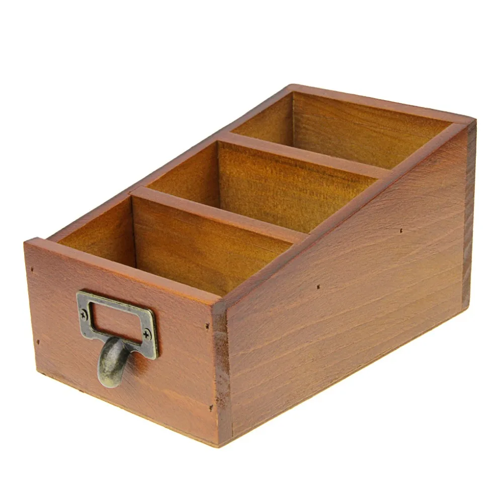 Desktop Wood Pen Pencil Holder Drawer Shape Tabletop Remote Control
