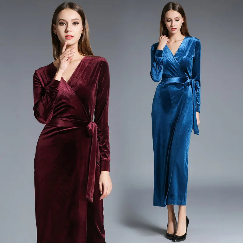 Free Shipping Bandage Plus Size S XL Velour Dresses For Women Long Maxi
