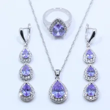 Вежливое светлый фиолетовый кристалл капли воды 925 серебро Цвет Для женщин комплект ювелирных изделий Кольцо Размеры 6,#7,#8,#9,#10# T24