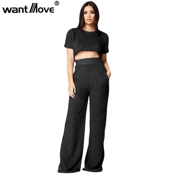

Wantmove 2018 autumn and winter new two-piece solid color plus velvet sexy sweater casual wide-leg pants two-piece WM440