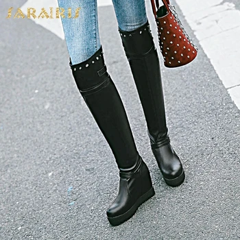 

SARAIRIS Big Size 34-43 Buckles Platform Wedge Heels Black White Knee High Boots Shoes Woman Autumn Winter Boots Women