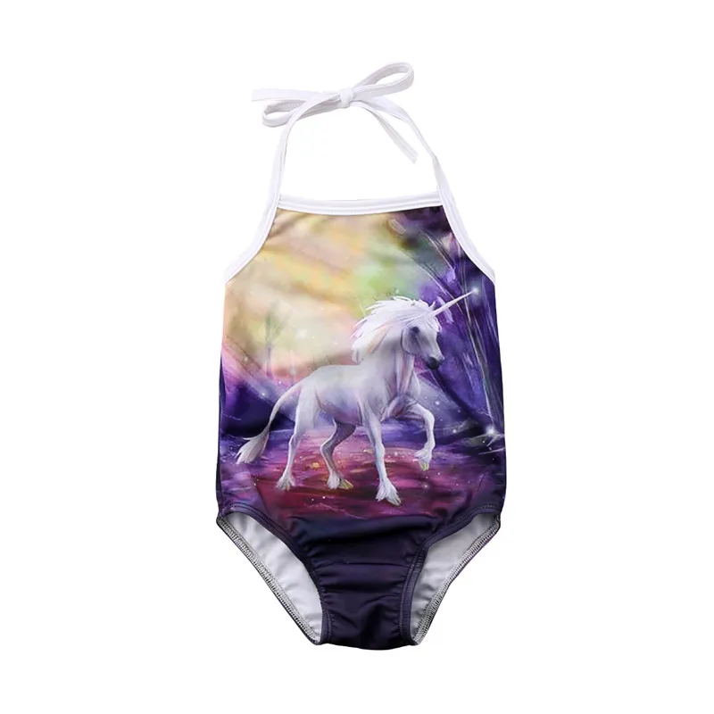 Cute Kids Girls Swimming Costume One Piece Summer Baby Girl Unicorn Printed Sleeveless Halter Bikini 2-8Year's Children Swimwear