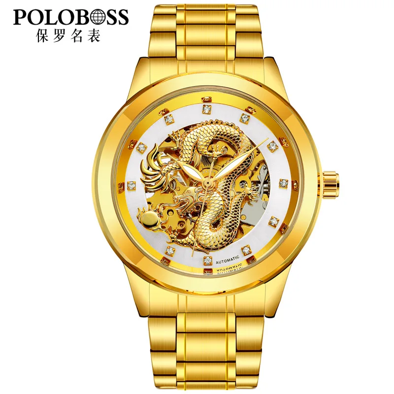 Винтажные автоматические механические мужские часы с циферблатом в виде дракона, часы со скелетом, золотые наручные часы из нержавеющей стали, роскошные золотые мужские часы - Цвет: Gold White