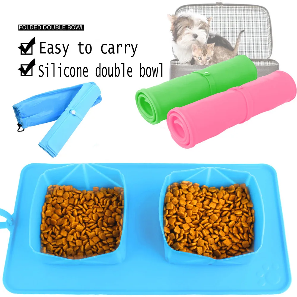 

ISHOWTIENDA Pet Dog Cat Collapsible Portable Travel Pet Food Bowl Silicone Fold Double Bowl