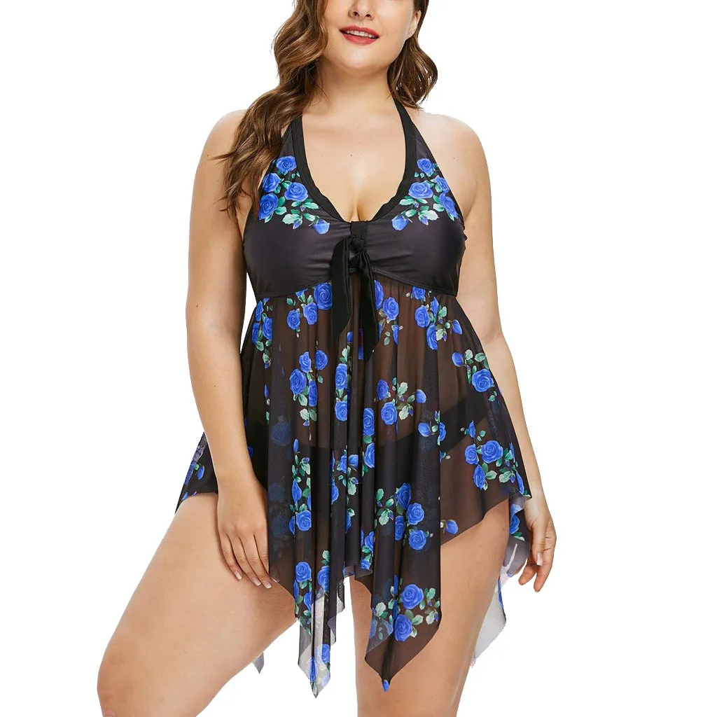 

Women's Swimming Suit Plus Size Swimwear Beach Big Size Floral Print Swimsuit Bikinis Halter Tankini Set Bikini 2019 Biquini
