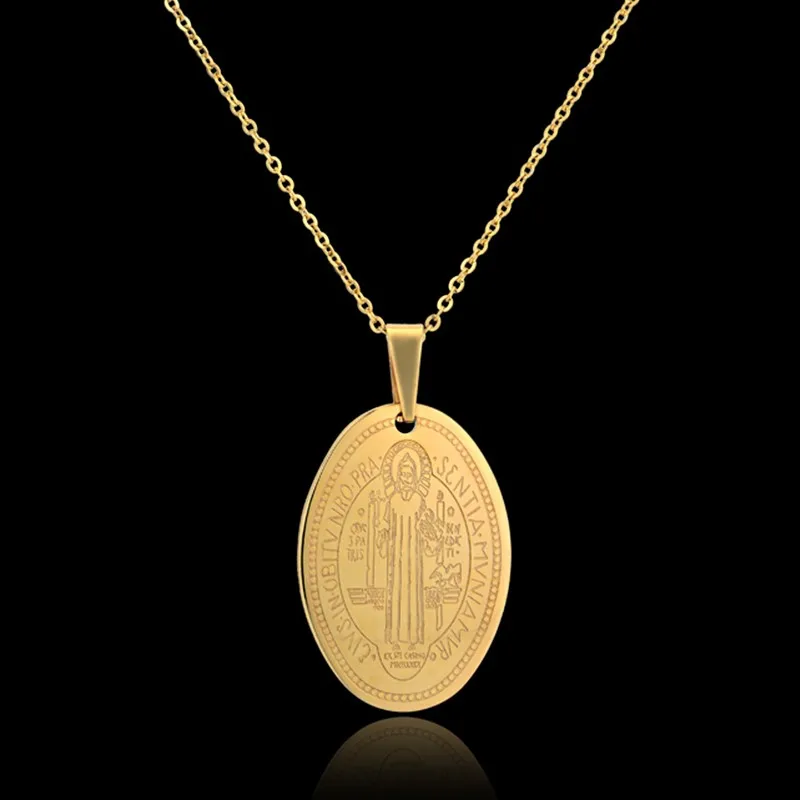Religious Round Saint Benedict Shape Pendant Necklace For Women 3 Sizes Gold Color Chain Dad's Jewelry Gift | Украшения и