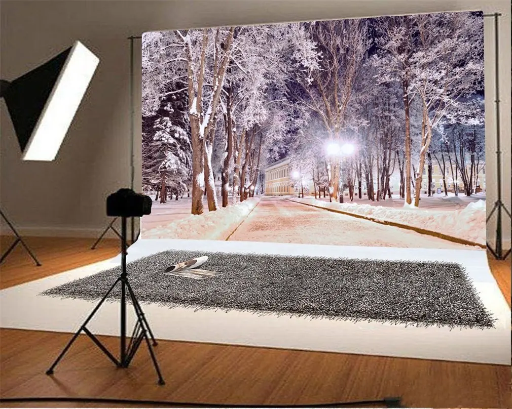 

Photography Backdrop Christmas Trees Road Lamp Snow Covered Landscape Ric Nature Winter Xmas Photo Background Party