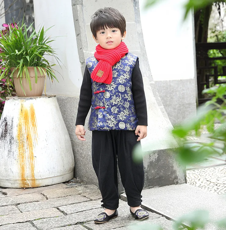 Детский хлопковый жилет для мальчиков Детский костюм на день рождения, одежда Традиционный китайский новогодний костюм праздничные платья красные Топы Ципао для детей