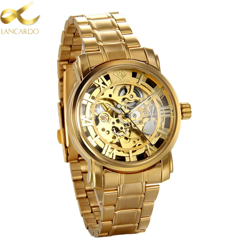 Lancardo Automatic Mechanical Watches Men Brand Luxury Gold Stainless Steel Simple Business Transparent Watch Relogios Masculino