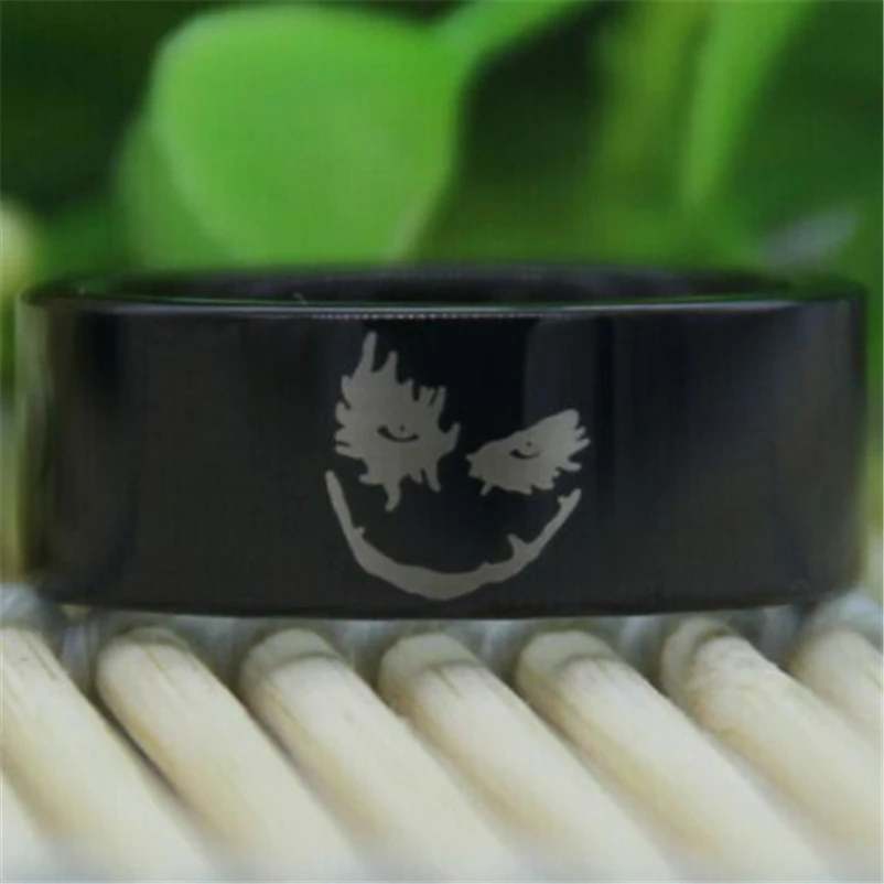 

Free Shipping Top Quality Fine Jewelry Hot Sales 8MM Black Pipe The Joker Face Design Men's Comfort Tungsten Wedding Band Ring