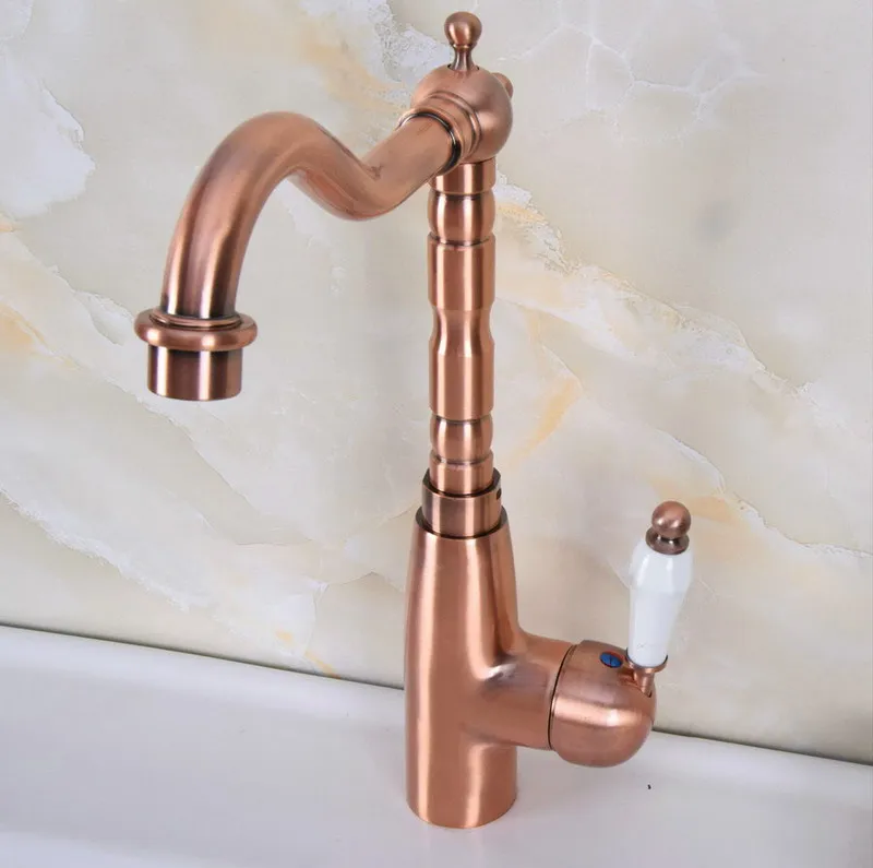 Antique Red Copper Brass Single Ceramic Handle Bathroom Kitchen Basin Sink Faucet Mixer Tap Swivel Spout Deck Mounted mnf637
