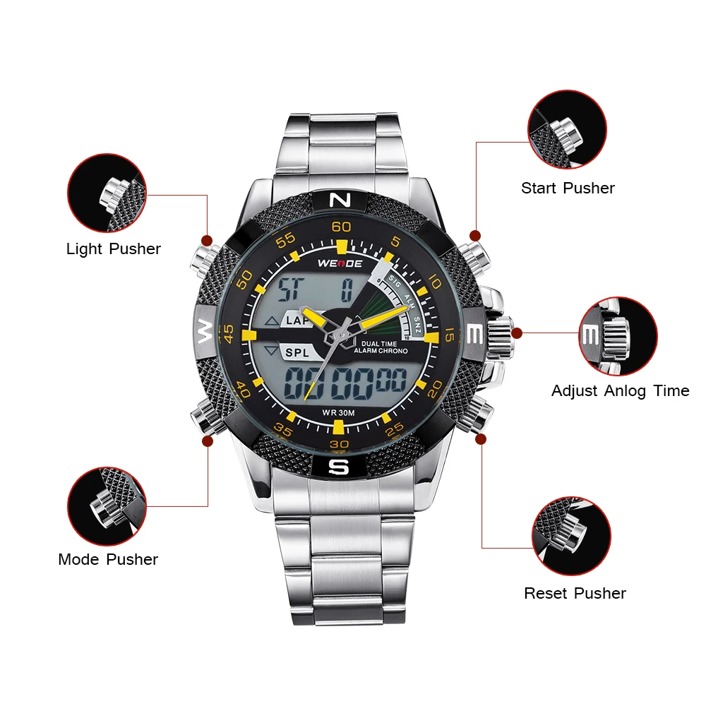

WEIDE Sport Men Analog Digital Display Movement Auto Date Alarm Calendar Repeater Multiple Time Zone Stainless Steel Strap watch
