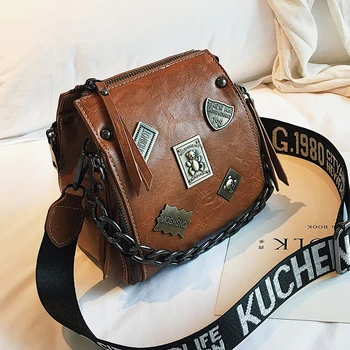 

Metal badge Appliques handbags Chains square Crossbody bags zipper vintage women handbag solid fashion Letter shoulder strap bag