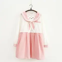 Японский мягкий для девочек милый медведь вышивка заячьи ушки галстук бабочка костюм моряка короткий и длинный рукав платье розовый