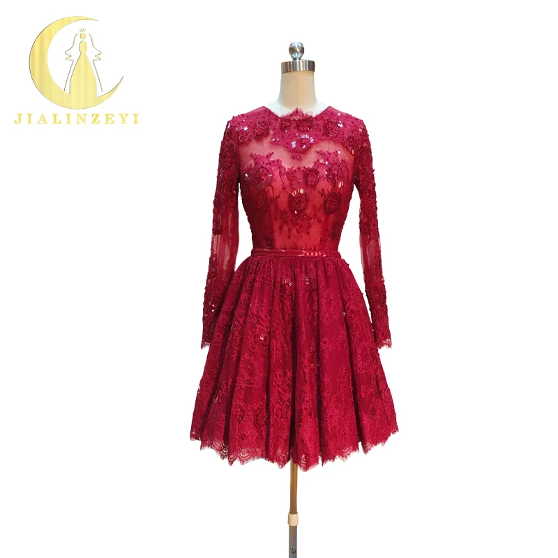 Vestido de Baile Reno Real Amostra Imagem Rendas Vermelho Escuro Mangas Compridas Contas Moda Novo Mini Comprimento