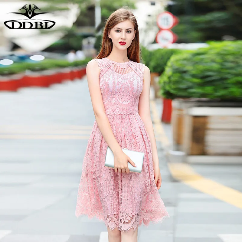 pink lace dress 2018 high quality women's summer dress runway dress 180706