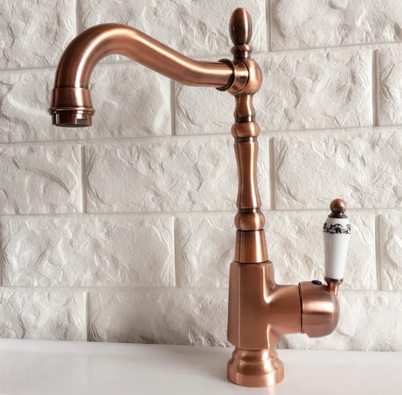 Antique Red Copper Brass Bathroom Kitchen Basin Sink Faucet Mixer Tap Swivel Spout Single Handle One Hole Deck Mounted mnf418