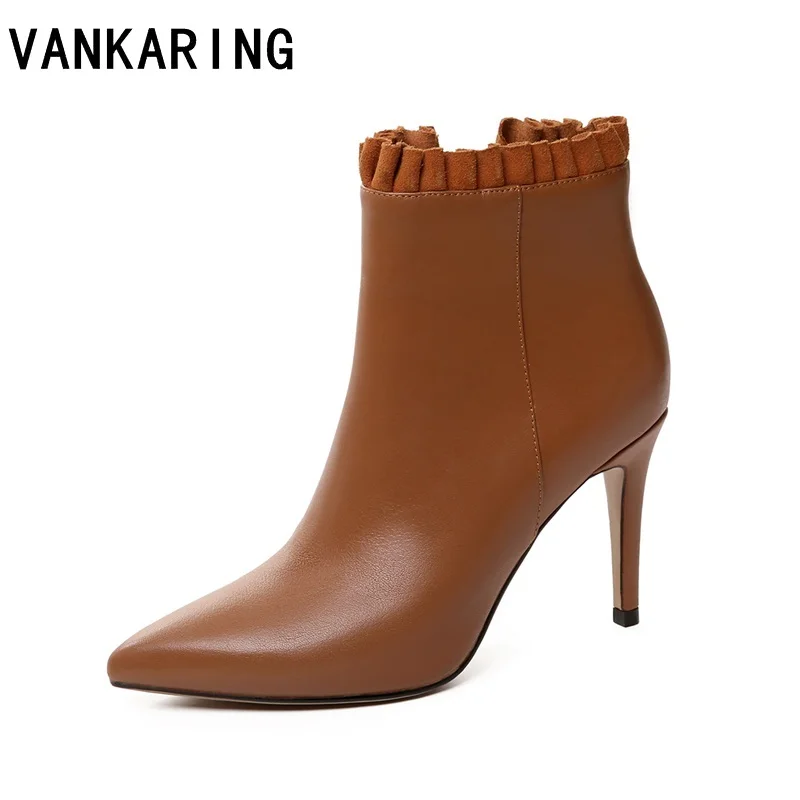 

VANKARING genuine leather footwear 2018 autumn boots sexy riding feminine shoes women's winter boots women high heel ankle boots