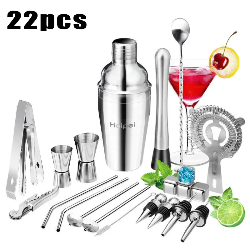 22Pcs/Set Stainless Steel Cocktail Shaker Set Drinks Strainer Bottle Opener Maker Mixer Spoon Measure Cup Bar Beginner Tool Kit