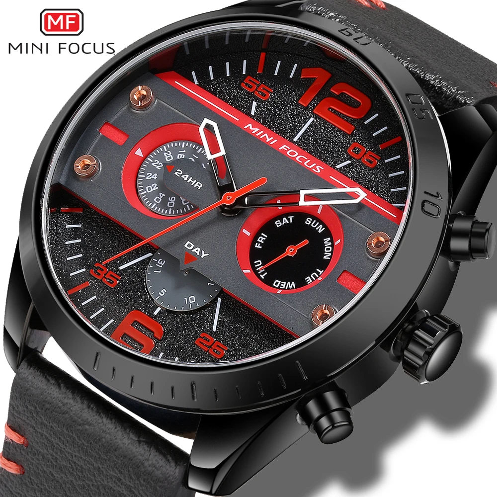 

montre homme Mini Focus Sport Multifunction Waterproof Mens Watches Black Leather Band Wristwatches Gift for Men Sports Watch