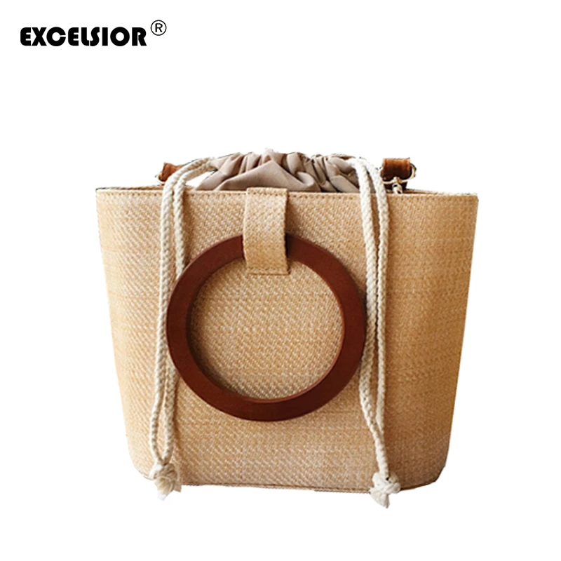 

EXCELSIOR New Straw Bucket Bag Women Handbags Fashion Weave Shoulder Messenger Bag Portable Crossbody Bags 2019 Beach Style