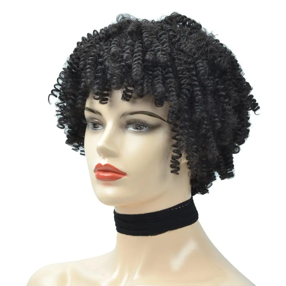 Лучший! Afro Kinky Curly Wigs Парики с полной челкой Синтетический короткий парик Натуральный черный Ombre