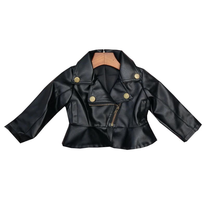 Куртка из искусственной кожи для девочек, весенне-осеннее детское кожаное байкерское пальто для мальчиков 1-5 лет, модное короткое пальто с кромкой в виде листьев лотоса, крутая универсальная куртка