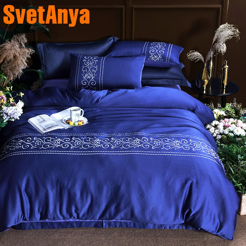 

Svetanya Embroidered Bedding sets Queen King size Sheet Pillowcases Duvet Cover set Silk Polyester Cotton Fabric Sapphire