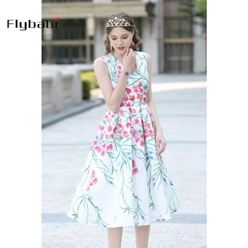 

Vintage Waist floral print A-Line Mid-Calf tank v-Neck Long dress New women's summer 2019 year party dress