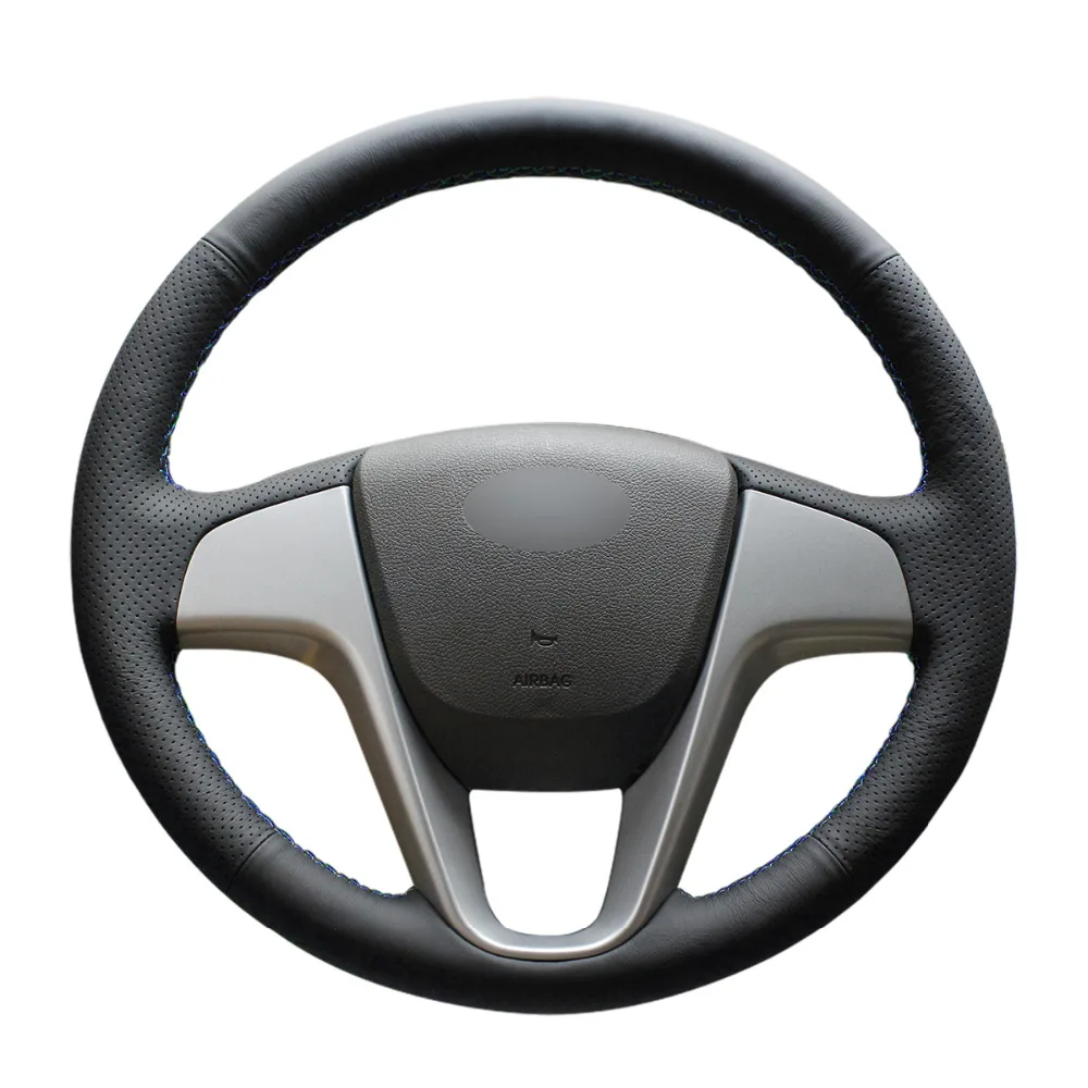 Черные чехлы рулевого колеса автомобиля из искусственной кожи для Hyundai Solaris (RU) 2010